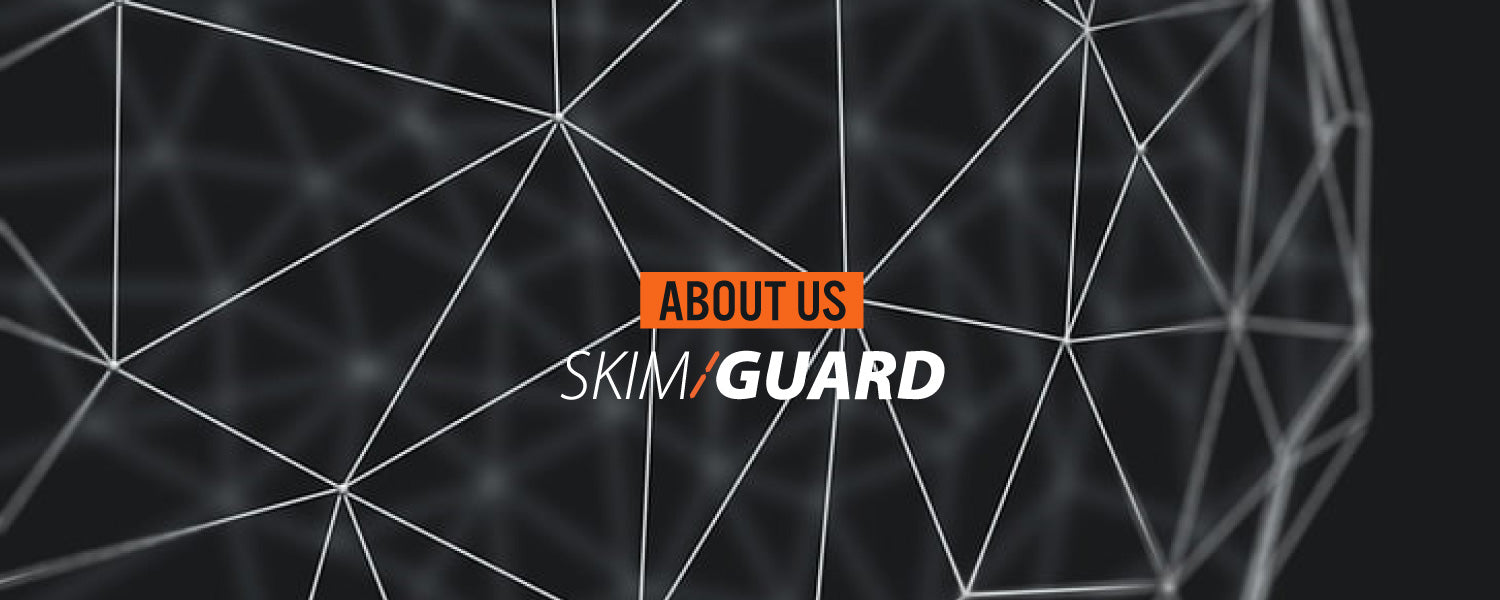SKIMGUARD logo with 'About Us' text on a geometric black and white background