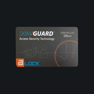 Front view of the Skimguard A-Lock card showing the dark blue side.
