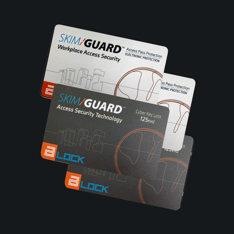 Four Skimguard A-Lock cards, two white and two black, displayed in an overlapping fanned layout.