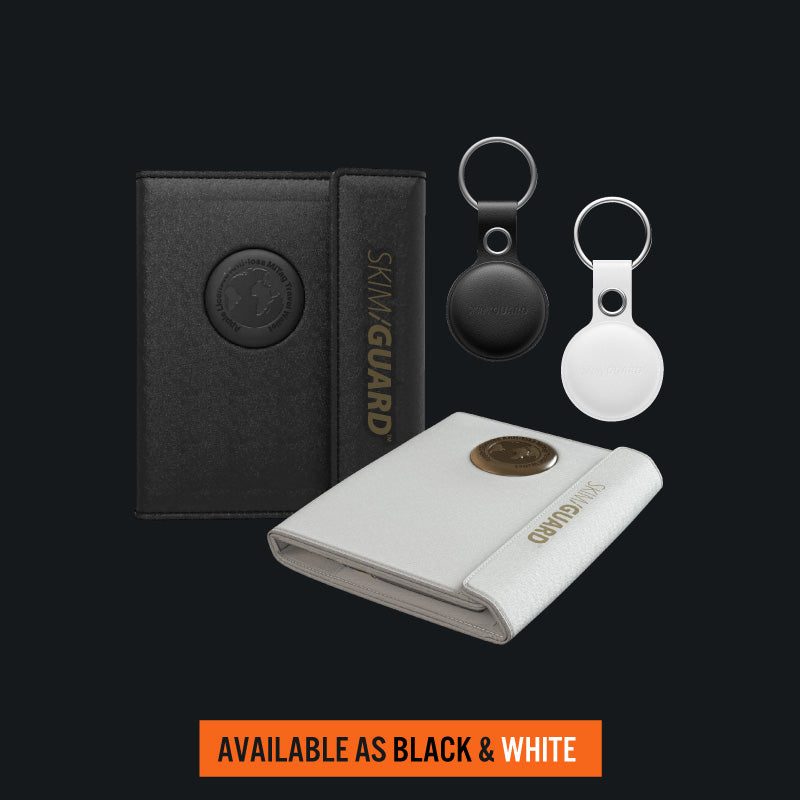 Skimguard Partner Travel Bundle featuring two Passport Traka's and two Travel Traka's displayed in black and white on a dark background, showing the matching pair sets.