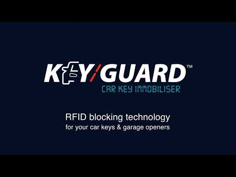 KeyGuard logo displayed on a dark background with the text ‘RFID blocking technology for your car keys and garage openers.’