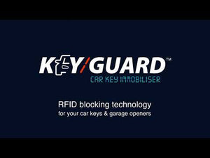 KeyGuard logo displayed on a dark background with the text ‘RFID blocking technology for your car keys and garage openers.’