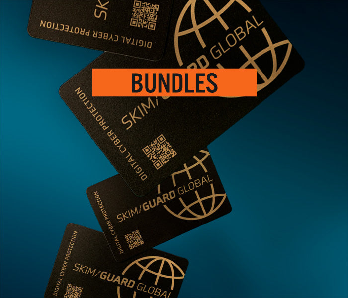 Black cards with 'Skim Guard Global' logo and QR codes on a blue background, with an orange 'BUNDLES' banner.