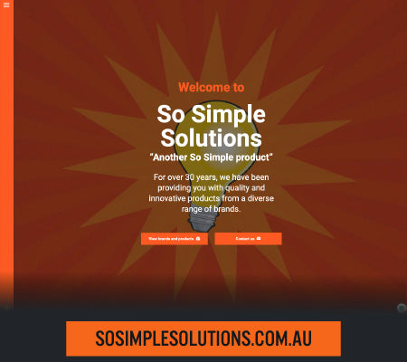 So Simple Solutions website preview featuring an orange starburst background, central welcome message, and navigation buttons, with a bold sosimplesolutions.com.au banner below.